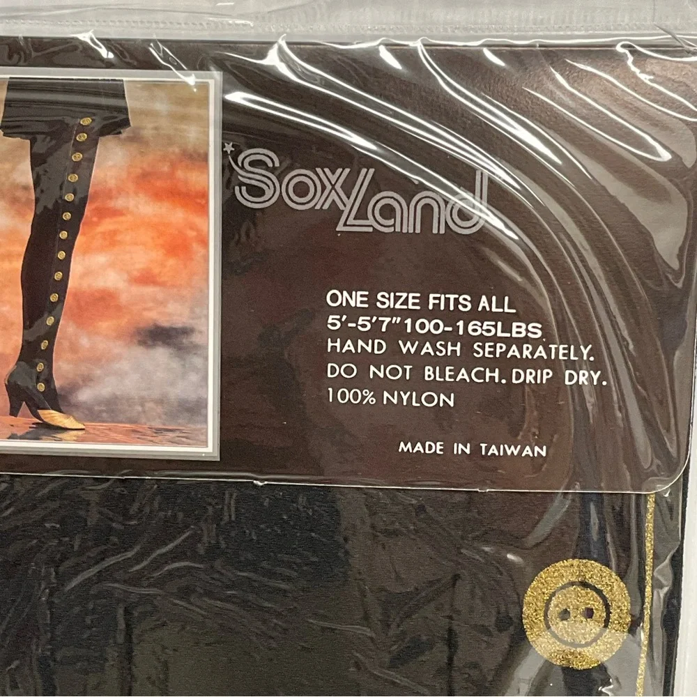 #2 VINTAGE SOXLAND OS Footed Tights Lot of 2 Black w Gold Button Embellish Look